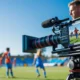 Videographer filming sports game with camera on tripod