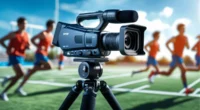 Camcorder set up at a sports field capturing live action.