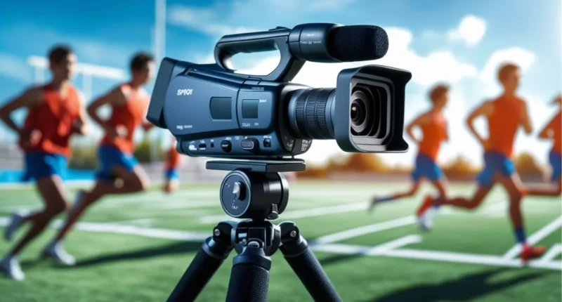 Camcorder set up at a sports field capturing live action.