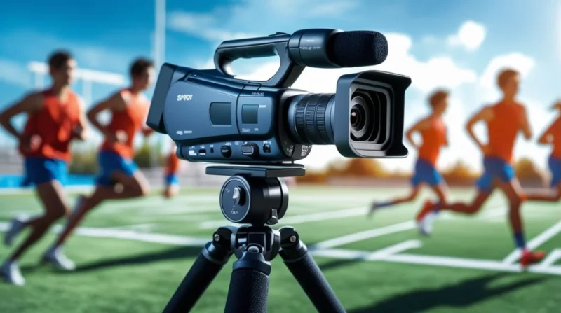 Camcorder set up at a sports field capturing live action.
