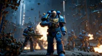 Space Marine 2 gameplay shown on an ultrawide monitor, highlighting black bars and centered HUD interface in a futuristic battle scene.”