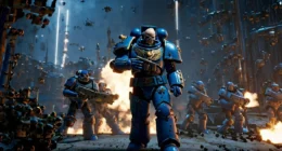 Space Marine 2 gameplay shown on an ultrawide monitor, highlighting black bars and centered HUD interface in a futuristic battle scene.”