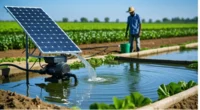 Solar-powered water pump irrigating crops in a sunny agricultural field