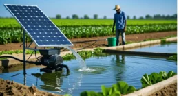 Solar-powered water pump irrigating crops in a sunny agricultural field