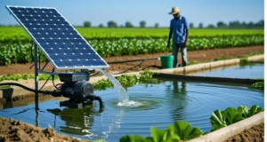 Solar-powered water pump irrigating crops in a sunny agricultural field