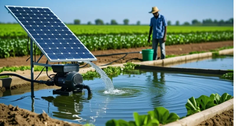 Solar-powered water pump irrigating crops in a sunny agricultural field