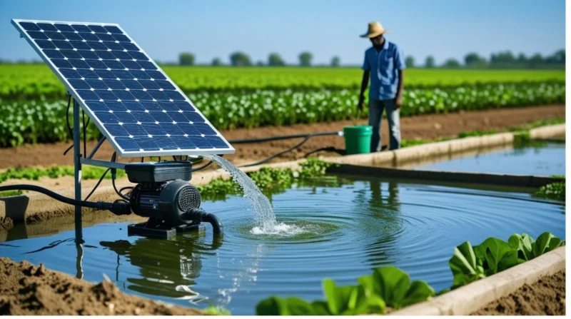 Solar-powered water pump irrigating crops in a sunny agricultural field