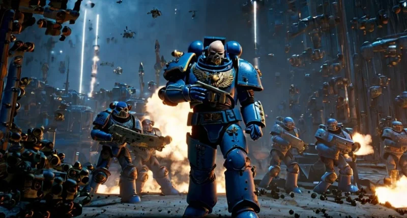 Space Marine 2 gameplay shown on an ultrawide monitor, highlighting black bars and centered HUD interface in a futuristic battle scene.”