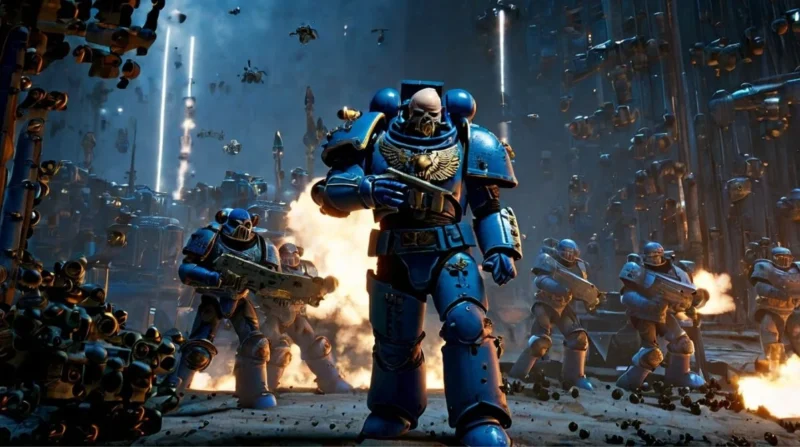 Space Marine 2 gameplay shown on an ultrawide monitor, highlighting black bars and centered HUD interface in a futuristic battle scene.”