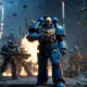 Space Marine 2 gameplay shown on an ultrawide monitor, highlighting black bars and centered HUD interface in a futuristic battle scene.”