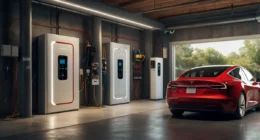 Tesla home charger being installed by both a certified installer and a local electrician, with cost breakdown and electrical components shown.