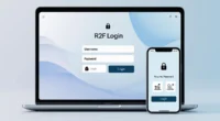 A 2D digital illustration showing a laptop and smartphone displaying an "R2F Login" screen with fields for username and password.