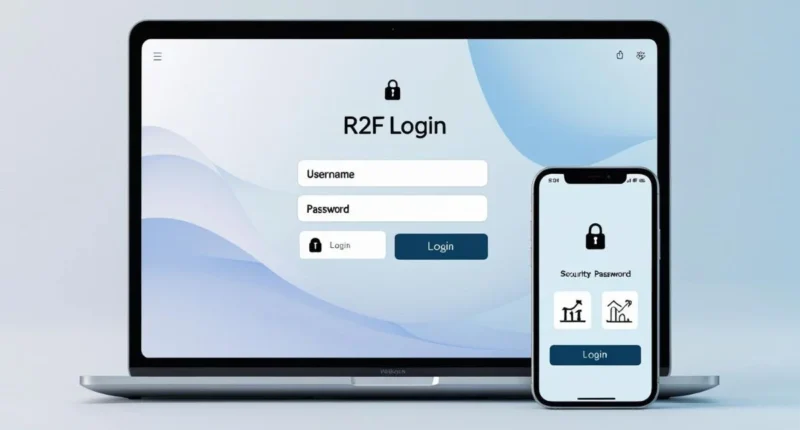 A 2D digital illustration showing a laptop and smartphone displaying an "R2F Login" screen with fields for username and password.