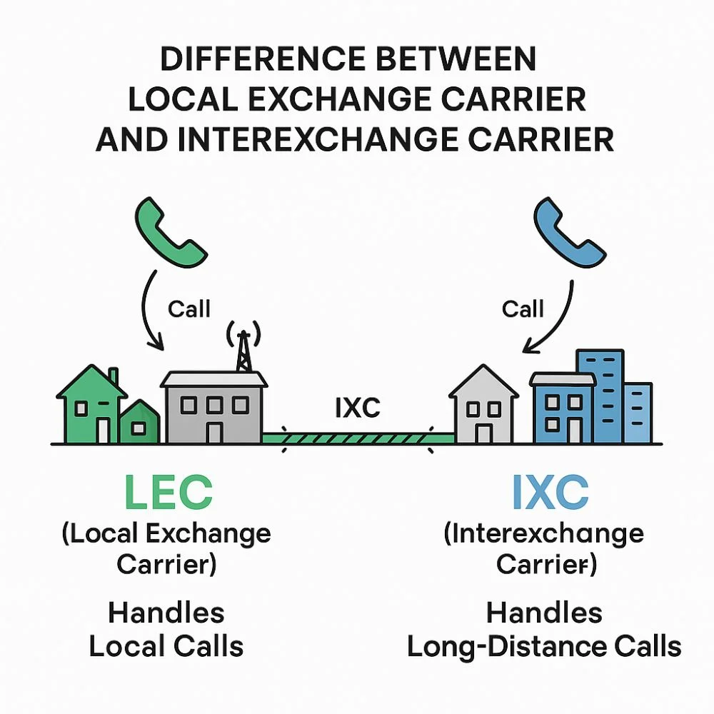 Infographic showing the difference between Local Exchange Carrier (LEC) and Interexchange Carrier (IXC). Two towns are depicted, each with buildings and a phone icon. 