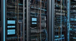 "Illustration of an application virtual switch connecting virtual machines and applications in a cloud-like digital environment, with network traffic flows and virtualization icons."