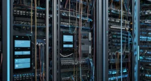 "Illustration of an application virtual switch connecting virtual machines and applications in a cloud-like digital environment, with network traffic flows and virtualization icons."