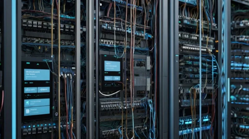"Illustration of an application virtual switch connecting virtual machines and applications in a cloud-like digital environment, with network traffic flows and virtualization icons."