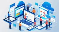 An isometric illustration showing people interacting with various web applications on different devices