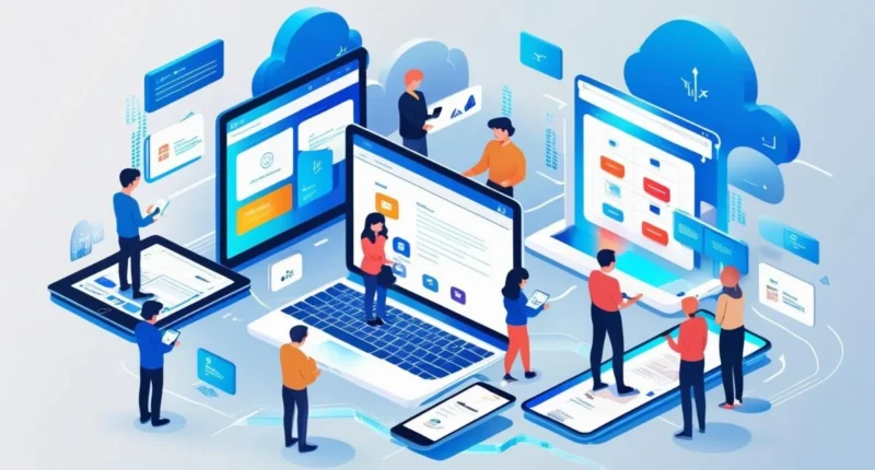 An isometric illustration showing people interacting with various web applications on different devices