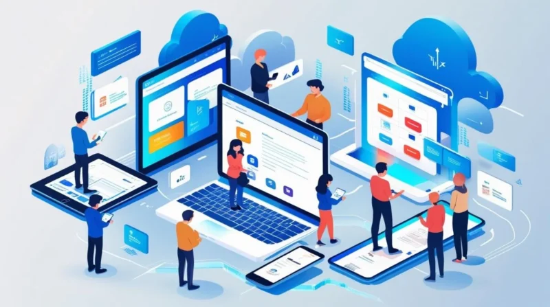 An isometric illustration showing people interacting with various web applications on different devices