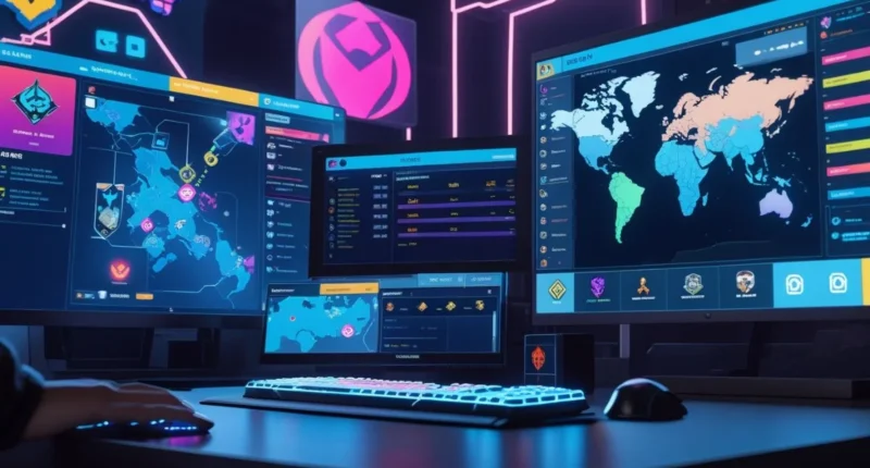 Gaming setup displaying Game8 walkthroughs, tier lists, and character build tools on multiple screens with glowing keyboard and game icons.