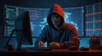 A person sitting at a computer looking confused while viewing a fake website that mimics a real brand. A hacker in a hoodie watches in the background.