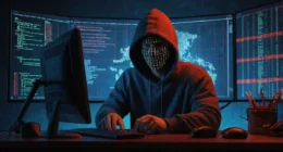 A person sitting at a computer looking confused while viewing a fake website that mimics a real brand. A hacker in a hoodie watches in the background.