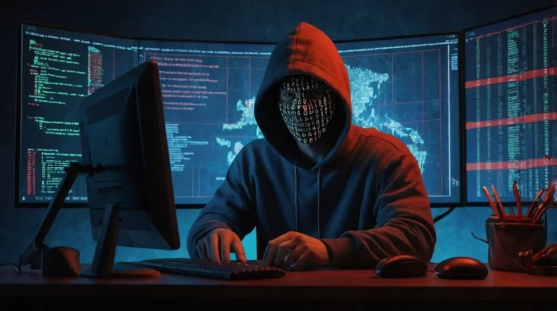 A person sitting at a computer looking confused while viewing a fake website that mimics a real brand. A hacker in a hoodie watches in the background.