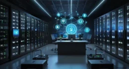 Illustration of a secured Client Access Server connected to devices with encryption, firewalls, and multi-factor authentication icons in a modern data center.