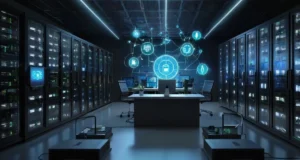 Illustration of a secured Client Access Server connected to devices with encryption, firewalls, and multi-factor authentication icons in a modern data center.