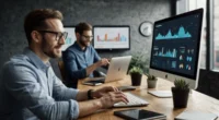 A remote digital marketing team analyzing SEO and PPC data on screens with charts and dashboards, representing Clicta Digital’s services and strategy.