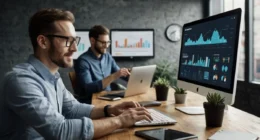 A remote digital marketing team analyzing SEO and PPC data on screens with charts and dashboards, representing Clicta Digital’s services and strategy.
