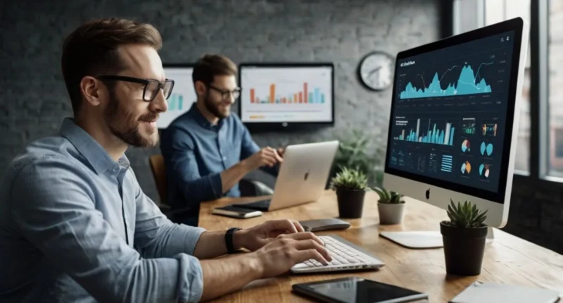 A remote digital marketing team analyzing SEO and PPC data on screens with charts and dashboards, representing Clicta Digital’s services and strategy.