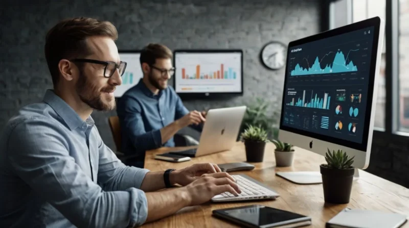 A remote digital marketing team analyzing SEO and PPC data on screens with charts and dashboards, representing Clicta Digital’s services and strategy.