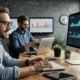 A remote digital marketing team analyzing SEO and PPC data on screens with charts and dashboards, representing Clicta Digital’s services and strategy.