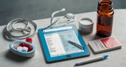 Panadol Extra tablet pack with safety checklist showing dosage, precautions, and warnings in a clean medical flat-lay design.