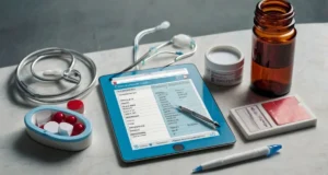 Panadol Extra tablet pack with safety checklist showing dosage, precautions, and warnings in a clean medical flat-lay design.