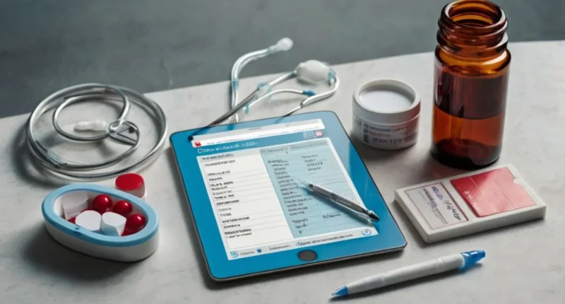 Panadol Extra tablet pack with safety checklist showing dosage, precautions, and warnings in a clean medical flat-lay design.