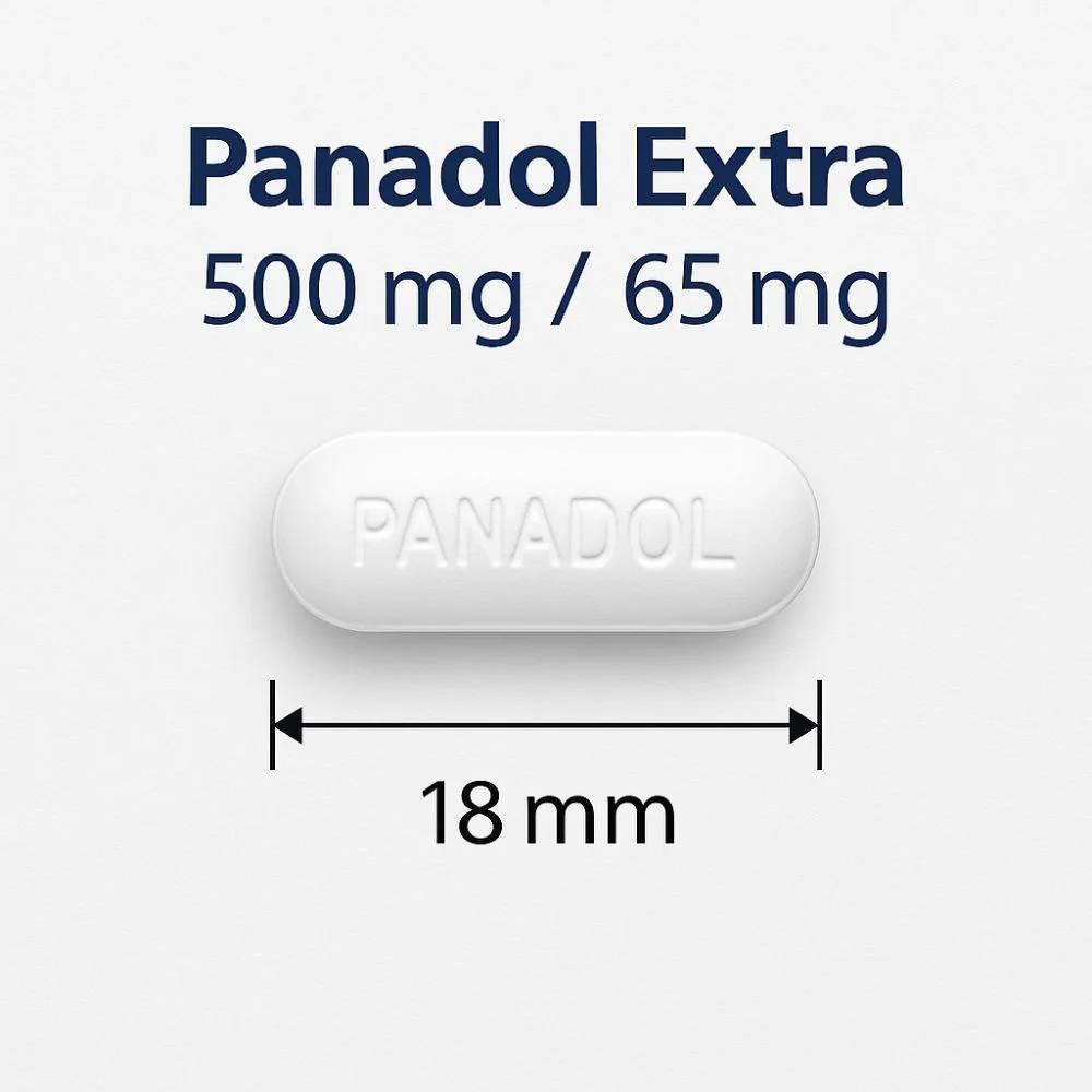 A white Panadol Extra tablet labeled "PANADOL" is shown with dosage information above it reading "500 mg