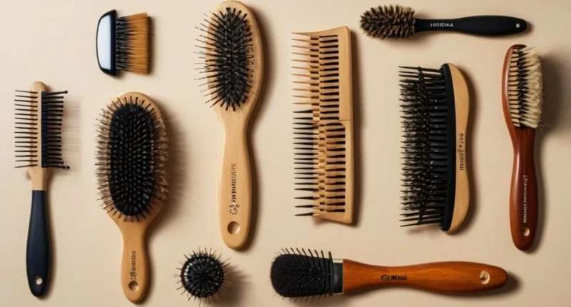 image showing four different hair brushes labeled with their bristle types and uses