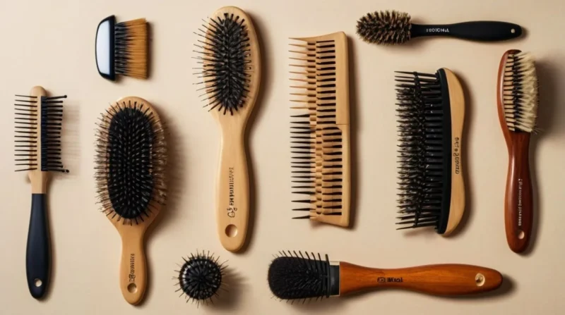 image showing four different hair brushes labeled with their bristle types and uses