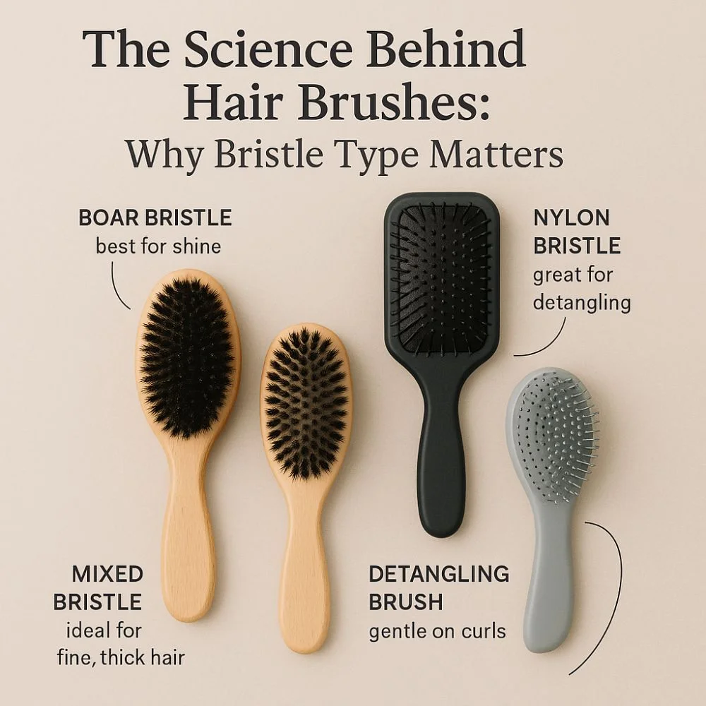 image showing four different hair brushes labeled with their bristle types and uses: boar bristle (best for shine), mixed bristle (ideal for fine, thick hair), nylon bristle (great for detangling), and detangling brush (gentle on curls)