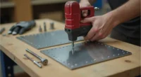 Using a rivet gun to join metal sheets on a DIY workbench