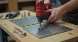 Using a rivet gun to join metal sheets on a DIY workbench