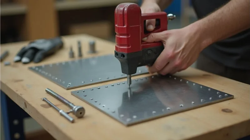 Using a rivet gun to join metal sheets on a DIY workbench
