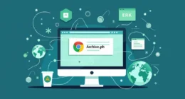 "Illustration of a computer screen displaying the Archive.ph Chrome Extension logo, surrounded by icons and graphics representing digital marketing and global connectivity, with a green and teal technology-themed background.