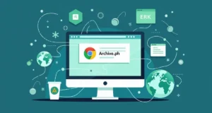 "Illustration of a computer screen displaying the Archive.ph Chrome Extension logo, surrounded by icons and graphics representing digital marketing and global connectivity, with a green and teal technology-themed background.