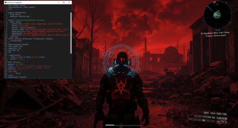 Player in a post-apocalyptic world using Cheat Engine interface with a sci-fi HUD and digital effects in Atomfall.
