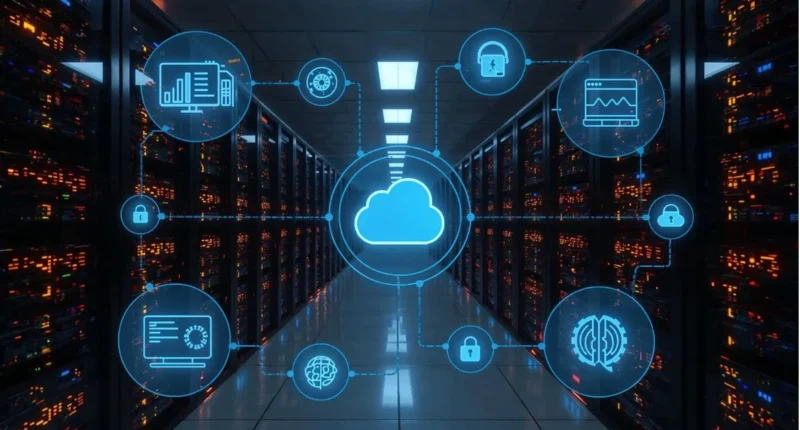Illustration of automated database system with cloud, AI, and self-managing tools.