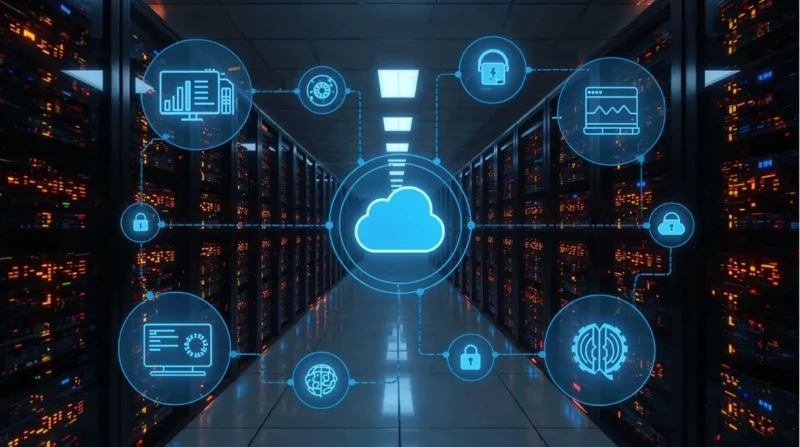 Illustration of automated database system with cloud, AI, and self-managing tools.